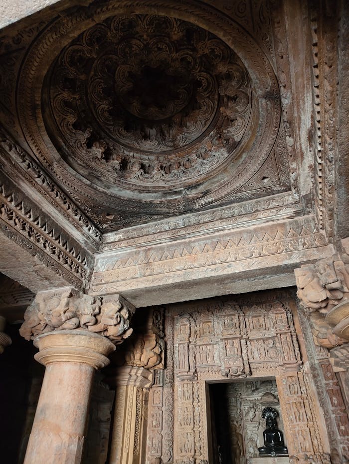 Services Explore the detailed architecture of an ancient temple interior in Khajuraho, India.